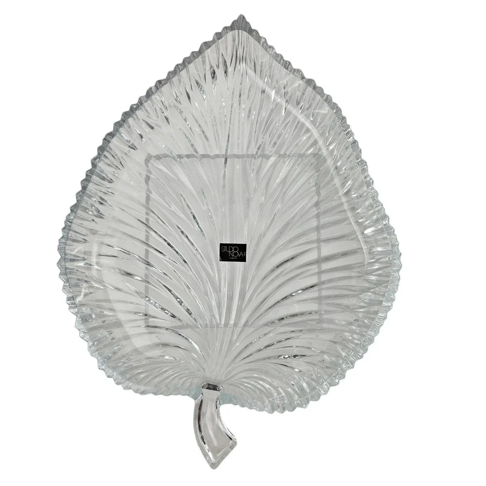 Studio Nova Japan Crystal Leaf Dish Clear Ribbed Glass Serving Tray 9.5 Inch